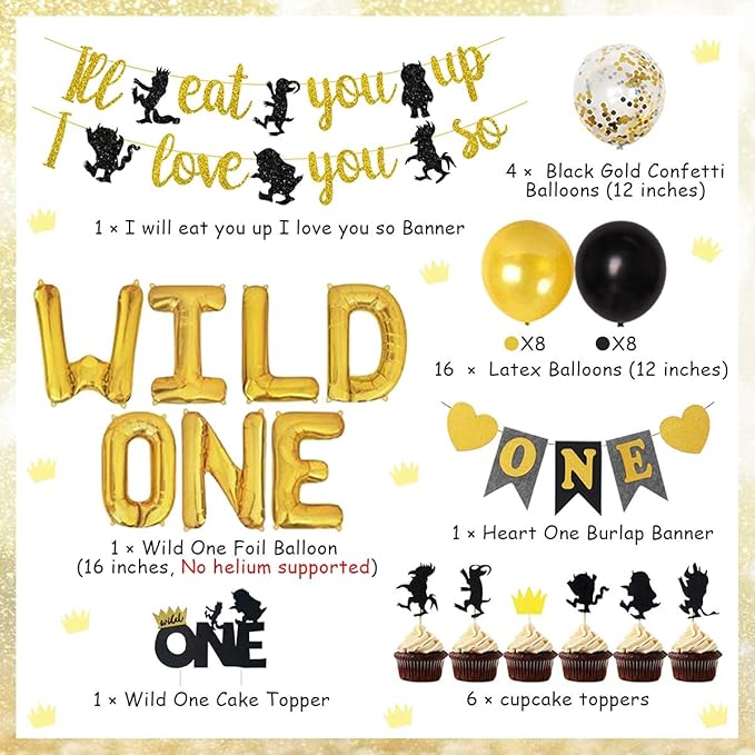 JOYMEMO Wild One Birthday Party Decorations Set, Black Gold Wild One Balloons, I'll Eat You Up I Love You So Banner, Cake Toppers for Boys 1st Birthday Party Supplies