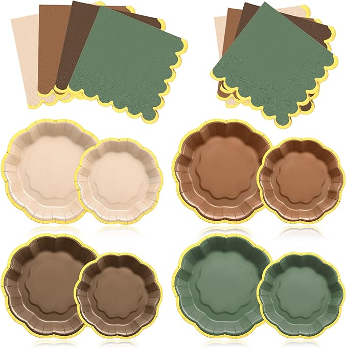 Vesici 60 Pcs Sage Green and Brown Woodland Party Plates with Napkins 9 Inch 7 Inch Paper Plates and Disposable Napkins with Gold Foil Border for Tea Birthday Bridal Baby Shower Wedding Party Supplies