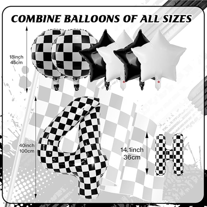 Racing Cars Themed Happy Birthday Banner Party Decorations Set Including 40 Inch Number 4 Foil Balloons, Themed Party Essentials, Checkered Backdrop Supplies for Boys Indoor Outdoor Celebration