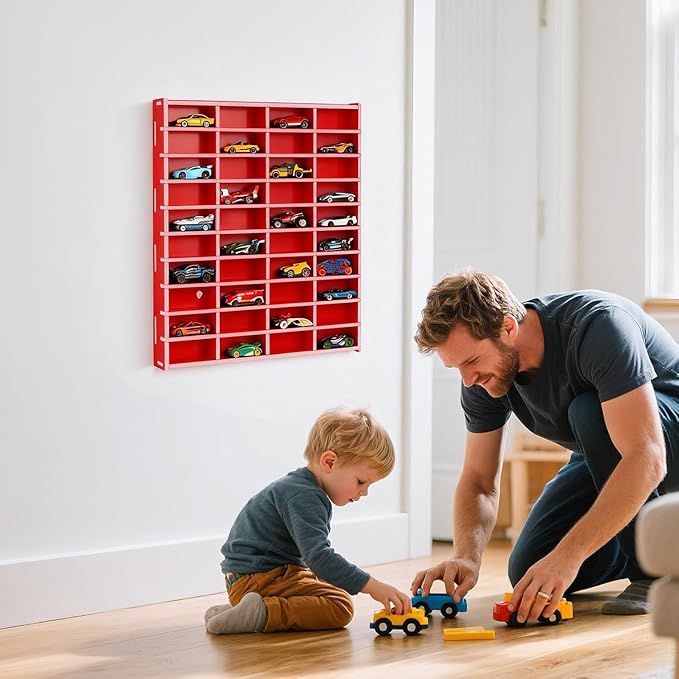 Toy Car Display Shelf, Holds 40 Diecast 1/64 Toys Car, Wall Mount Model Cars Storage Organize Case (red 1/64 Toy Car Display Shelf)