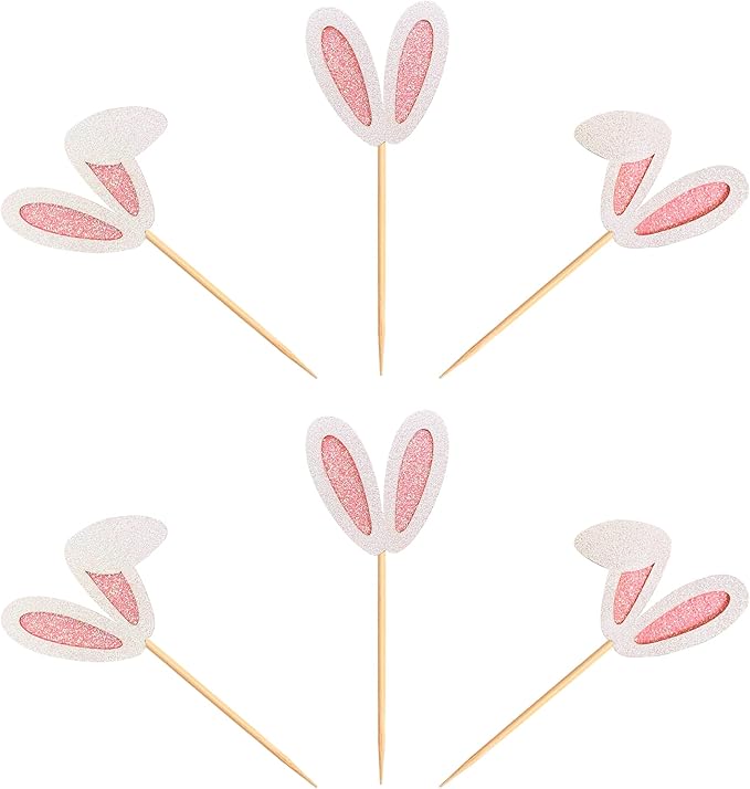 Ercadio 24 Pack Easter Bunny Ear Cupcake Toppers Glitter Pink Rabbit Ears Cupcake Picks Easter Bunny Cupcake Decors Rabbit Cake Toppers for Kids Girls Birthday Baby Shower Party Supplies