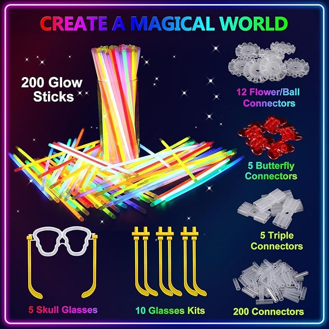 BUDI 467Pcs Glow Sticks Party Favors for Kids Adults Glow in the Dark Party Supplies 4th of July Accessories Neon Decors 200 GlowSticks Bulk 8 Colors 8 Inch & 267 Connectors Necklace Bracelet Glasses