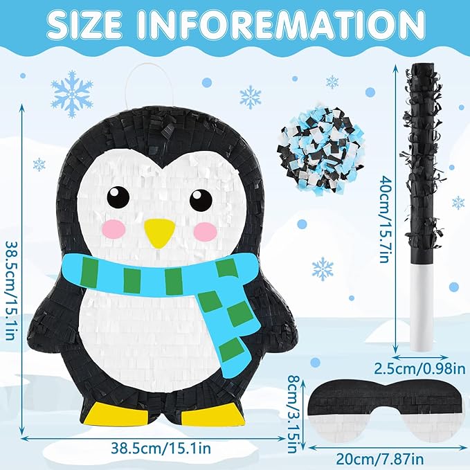 Lewtemi 15.1 Inch Penguin Piñata Penguin Party Supplies Candy Animal Piñata with Stick Confetti and Blindfold Gift for Boy Girl Adult Winter Theme Birthday Party Supplies Decorations (Classic)