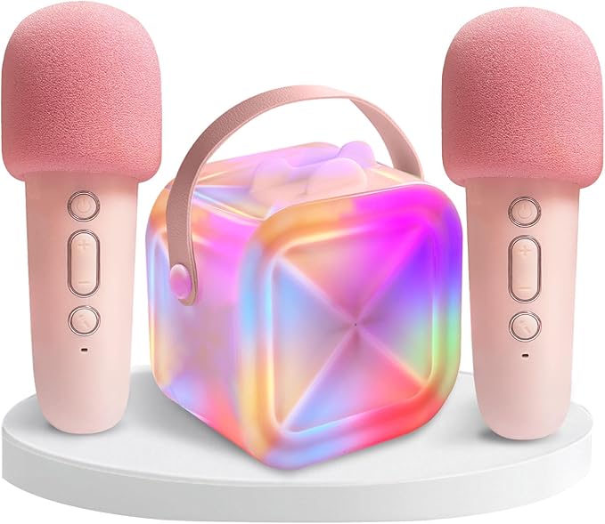 Mini Karaoke Machine with 2 Wireless Microphones, Portable Rechargeable Bluetooth Singing Machine, Small Karaoke Machine for Kids Toddler Toys, Gifts for 3 4 5 6 7 8 9 10 Year Old Girls