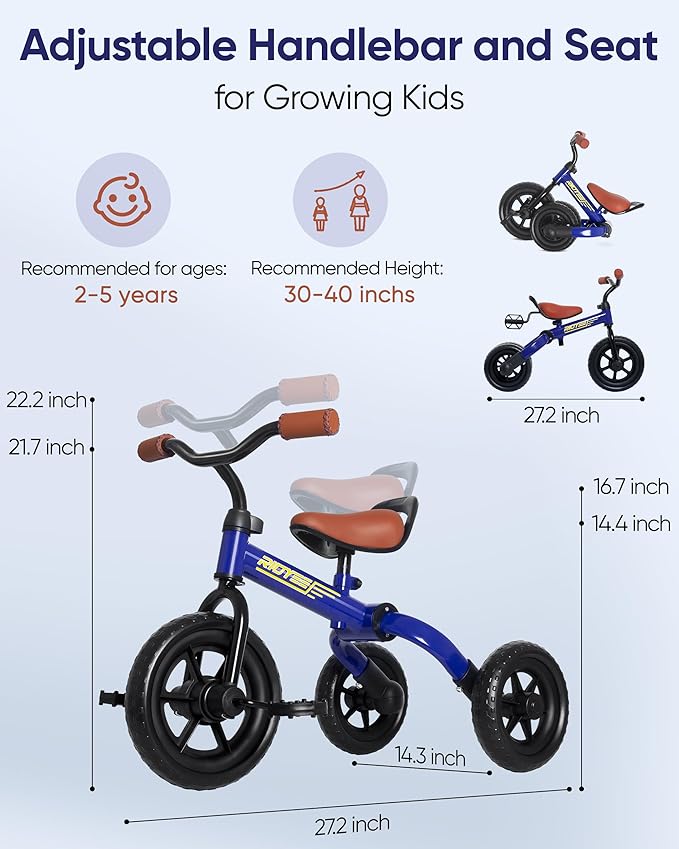 3-in-1 Foldable Tricycle and Balance Bike for Toddlers 2 to 5 Years, Tricycle for 2 Years with Adjustable Handlebar and Seat, Tricycles for 3-5 Years with DIY Plate, Blue