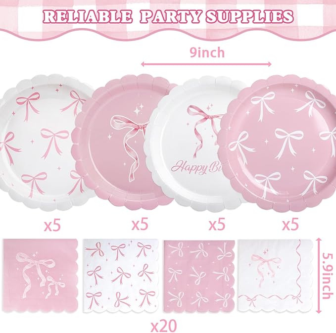 40 Pcs Pink Bow Plates and Napkins Tableware Sets for Bow Party Decorations, Pink Bow Birthday Decorations Which Can Serve 20
