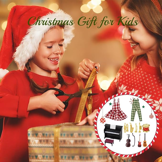 Christmas Elf Doll Accessories Set - 14Pcs Elf Doll Music Accessories Include Formal Dress,Piano and Guitar Instrument Set for Elf Dollhouse,Xmas Elf Clothes and Toy Accessories