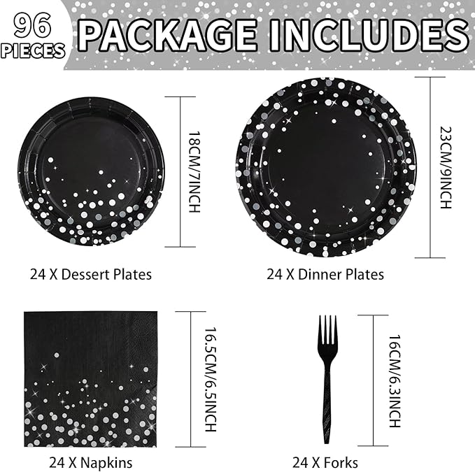 Grencian 96Pcs Black and Silver Party Decorations White Silver Dot on Black Paper Plates Disposable Birthday Paper Tableware Set for Birthday Retirement Wedding Party Supplies, Serve 24