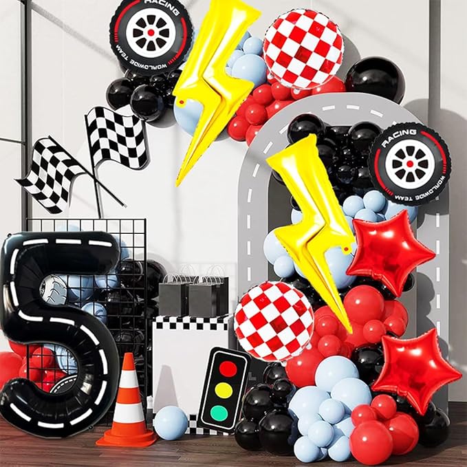 Race Car Birthday Party Decorations Large Lightning Bolt Foil Balloons Race Car Balloons 40 Inch Racetrack Number 5 Balloon for Boys 5th Race Car Birthday Party Decor Supplies