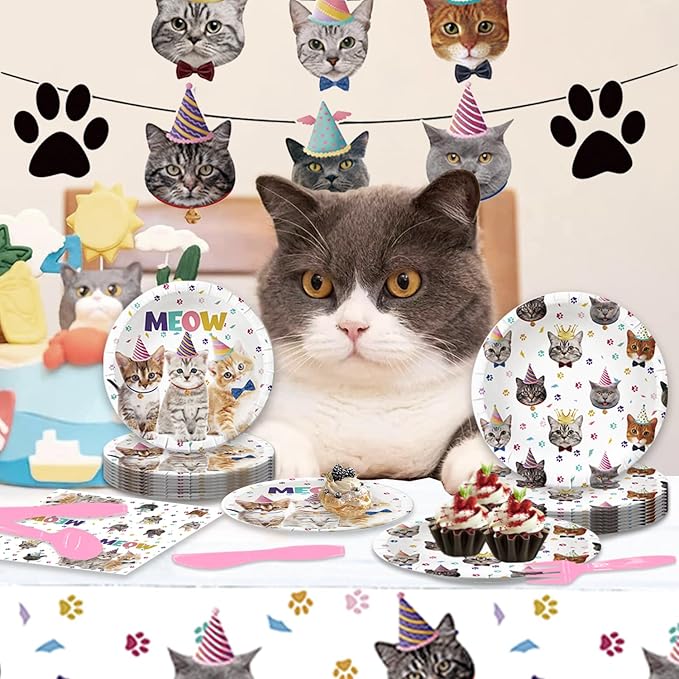 122Pcs Cat Themed Party Supplies for Birthday Party Pet Party Cat Bairthday Decorations Inculde Plates Desserts Plates Napkins Knives Forks Spoons Tablecover Banner Serve 20