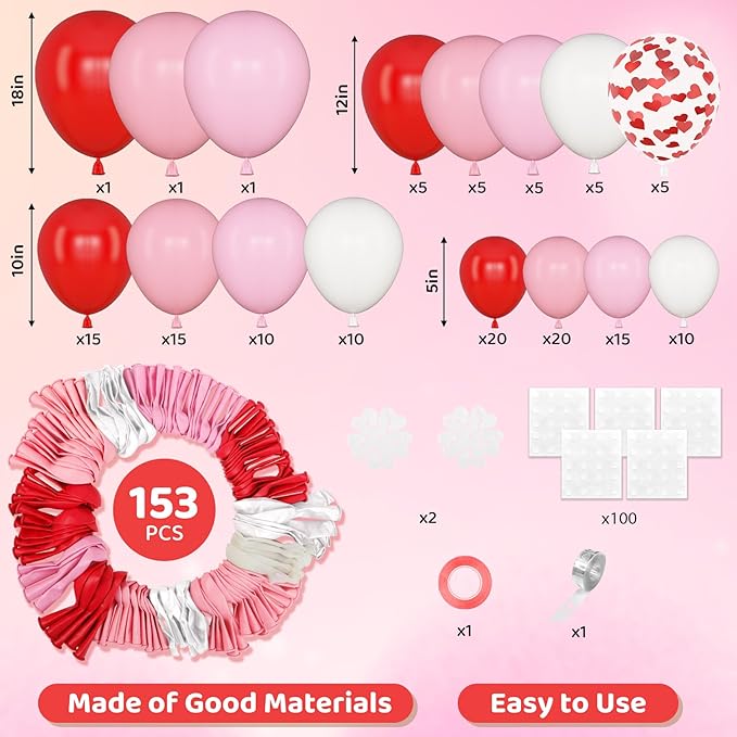 Amandir 153pcs Red Pink Balloon Arch Garland Kit, Different Sizes 18 12 10 5inch Red Pink White Latex Heart Confetti Valentines Balloons for Birthday Proposal Wedding Galentines Day Party Decorations