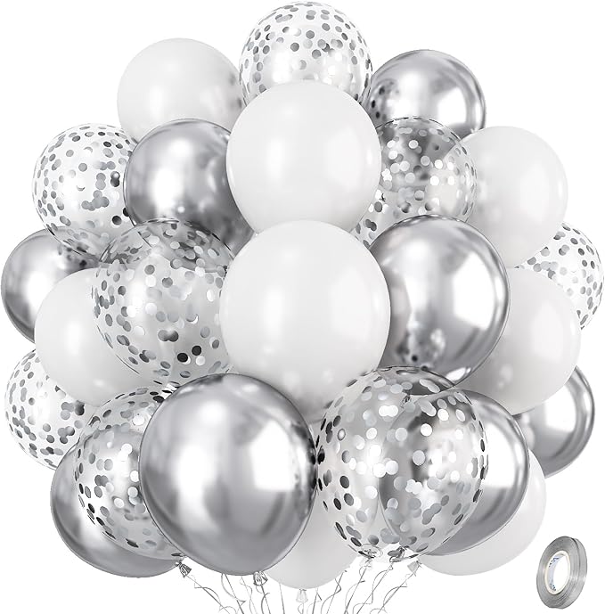 Silver and White Balloons, 12 Inch Metallic Silver White Latex Balloons Set Decor with Silver Confetti Helium Balloons for Boys Girls Birthday Party Baby Shower Wedding Graduation Party Decorations
