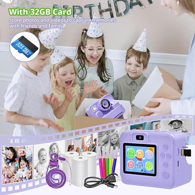 Kids Camera Instant Print, Christmas Birthday Gifts for Kids Age 3-12, Selfie Digital Camera with 1080P Videos,Toddler Portable Travel Camera Toy for 4 5 6 7 8 9 Year Old Boys (Purple)