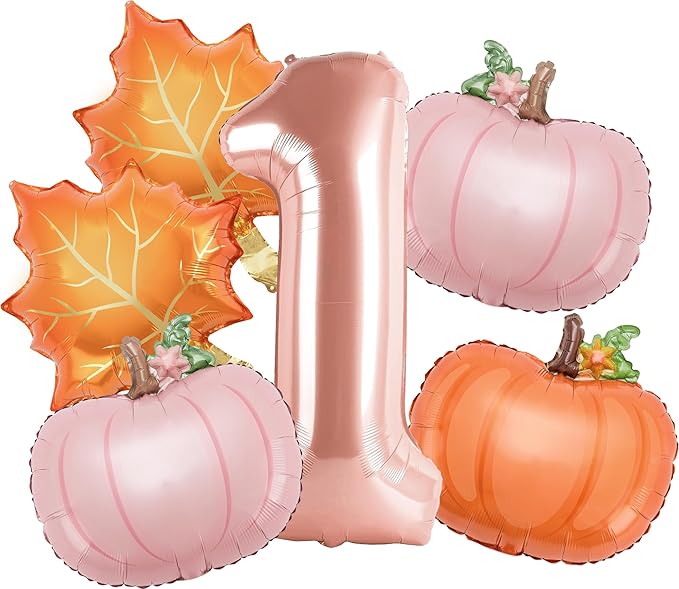 6pcs Little Pumpkin Is Turning One Decorations First Birthday Decorations for Girl with 40" Rose Gold One Balloon, Dusty Pink & Orange Pumpkin Foil Helium Balloons for Fall Birthday
