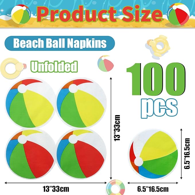 100Pcs Beach Party Napkins, Disposable Pool Napkins, Round Beach Ball Party Decorations for Kids Birthday Hawaiian Summer Pool Party Supplies, 13 x 13 Inches