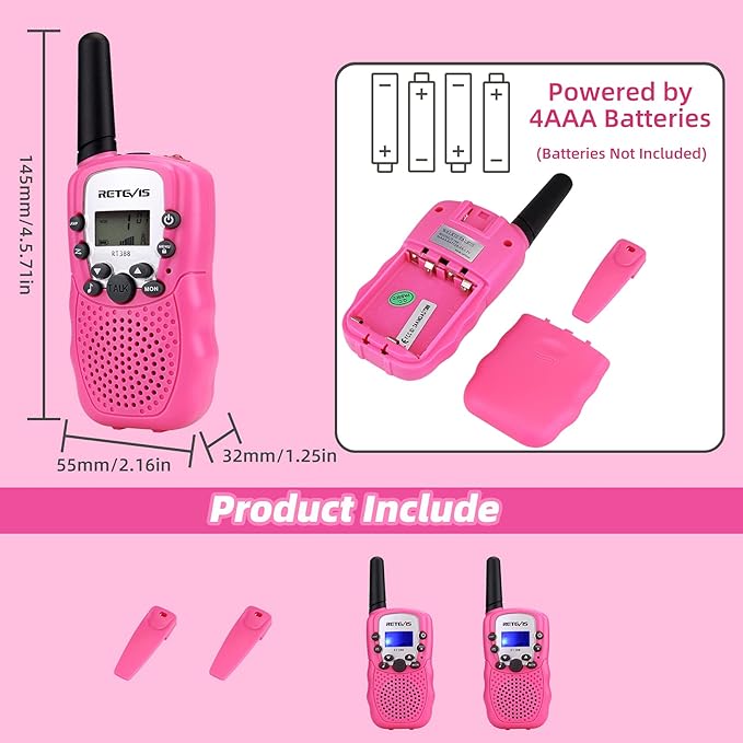 Retevis RT388 Walkie Talkies for Kids, Birthday Gifts for 6 7 8 9 10 11 12 Year Old Girls, 22 CH LCD Flashlight, Pink Walkie Talkies Easter Gifts Toys for Girls(Pink, 2 Pack)