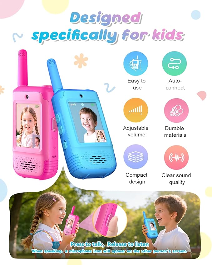 Video Walkie Talkies for Kids, 2 Pack Kids Walkie Talkies with 3 Voice Changers, Rechargeable Toy for 3-12 Year Old Boys Girls, 1000Ft Video Intercom for Camping Hiking Birthday Gift (Blue-Pink)