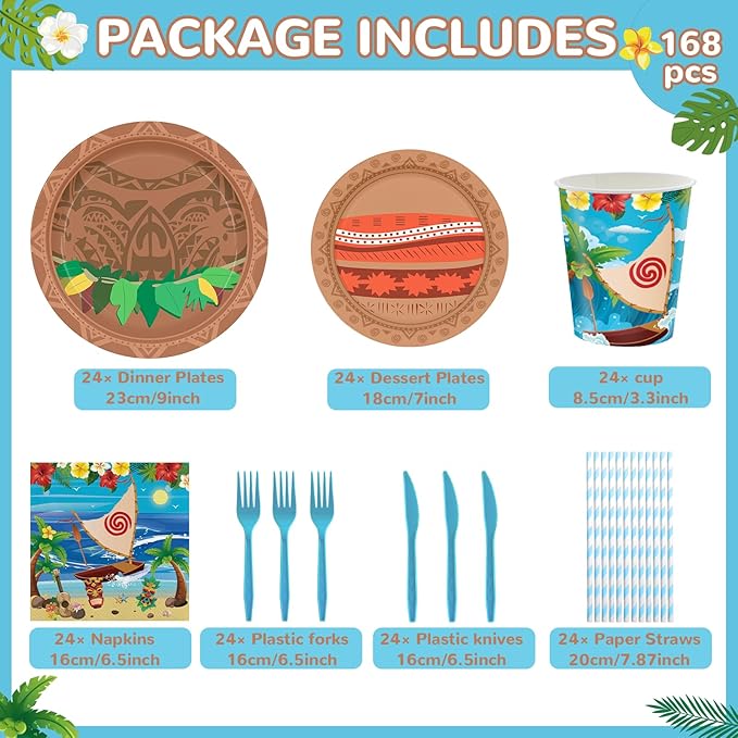 168PCS Ocean Party Supplies for Boys Girls Cartoon Beach Themed Party Decorations Hawaii Tableware with Paper Plates Cups Forks Knives and Straws for 24 Guests
