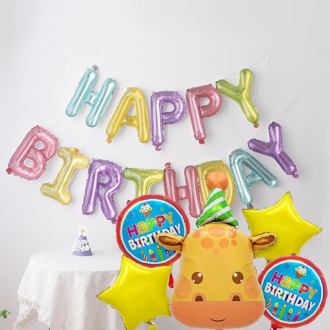 3D Giraffe Foil Animal Balloons Set,Kids Happy Birthday Party Decoration, Circle Star-Shaped Balloon,Jungle Themed Woodland Safari Animal Balloons 5Pcs