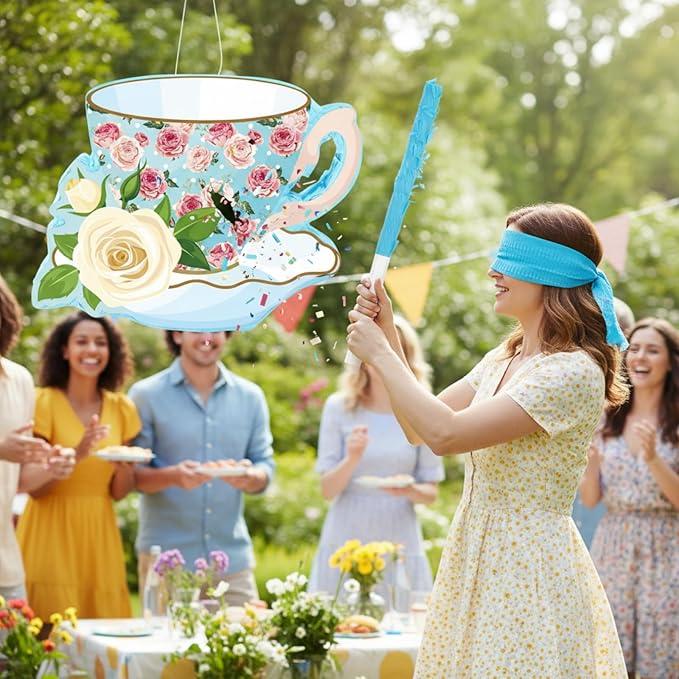 Aoriher 4 Pieces Tea Party Piñatas Tea Flower Themed Decorations Teapot Small Piñata Bundle with Blindfold and Stick Teacup Party Supplies Favors for Birthday (Blue,Teacup)