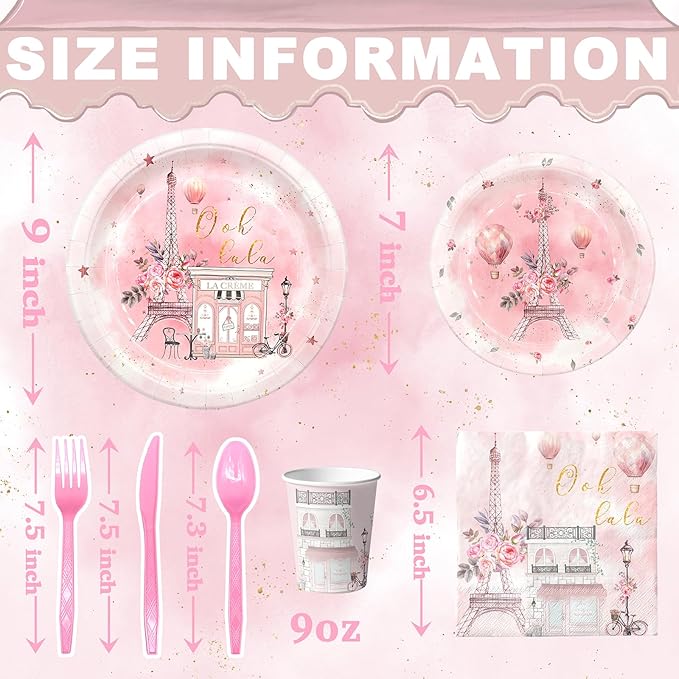 Paris Party Decorations Set - Chic Parisian Party Plates, Cups, Napkins, and Cutlery for a Magical Celebration - Elegant and Disposable Paris Party Supplies for Birthdays and Events