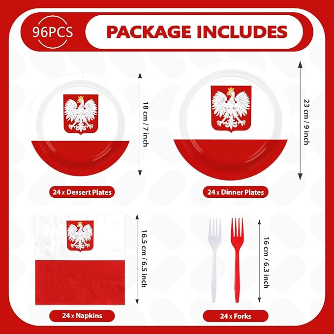 96Pcs Poland Flag Party Decorations National Country Decoration Poland National Day Plates and Napkins Tableware Set for Polish Red and White Patriotic Festival Party Supplies，Serves 24