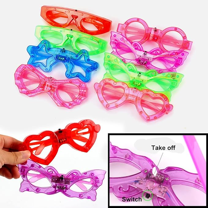 24 Packs LED Glasses for kids Glow in the dark Party Supplies Favor,6 LED 6 Shapes Glasses Flashing Plastic Light up Glass Toys Bulk 3 Replaceable Battery fit Easter Basket Stuffers Party Supplies