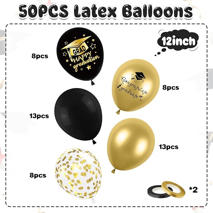 Graduation Balloons, 50PCS 12 inch Black gold Graduate Ballons for Graduates from College and High School Class of 2025 Congrats Grad Party Decorations