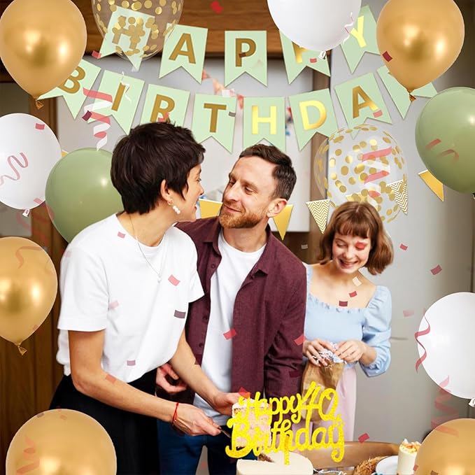 40th Birthday Decorations for Men Women, green gold Happy Birthday Party Decorations With gold Number 40 Balloons sage green Gold Confetti Balloons Fringe Curtain Cake Topper For 40th Party Supplies