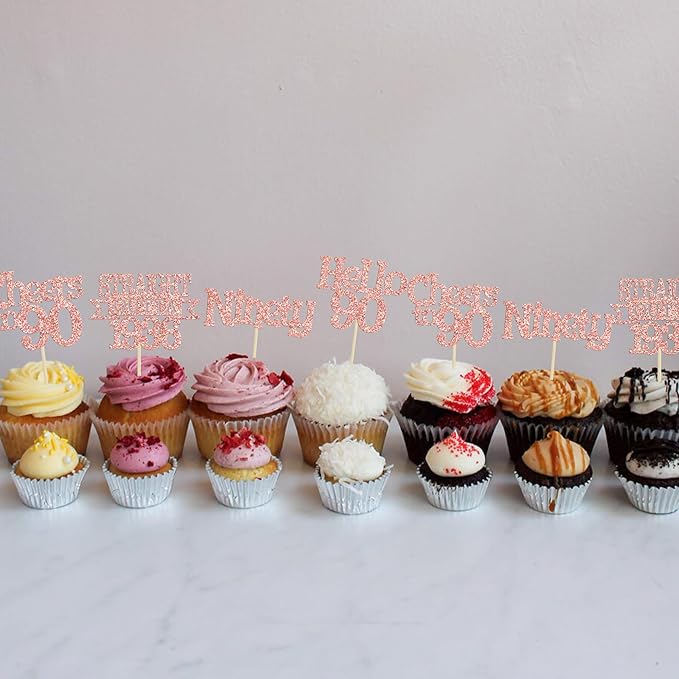 Ephlyn 24Pcs Happy 90th Birthday Cupcake Toppers Glitter Straight Outta 1936 Cupcake Picks Hello 90 Cheers to 90 Years Birthday Cake Decorations for 90th Birthday Anniversary Party Supplies Rose Gold