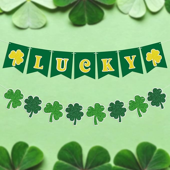 St Patricks Day Banner Garlands St Patricks Day Decorations Lucky Banner Garland Decoration Green Shamrock Garland Sign for St Patricks Day Decorations Irish Home Party Supplies