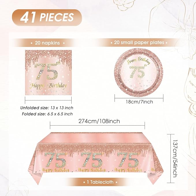 41pcs 75th Birthday Decorations for Women Rose Gold 75th Birthday Party Plates Napkins and Tablecloth Happy 75 Year Old Disposable Party Tableware Kit for 75th Birthday Anniversary Party Supplies