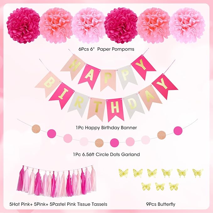 Pink Birthday Party Decorations for Women Girls, Foil Confetti Rose Gold Hot Pink Balloons Happy Birthday Banner Fringe Curtains Butterfly Decor Circle Dots Tassels Pompoms Mothers Day Party Supplies