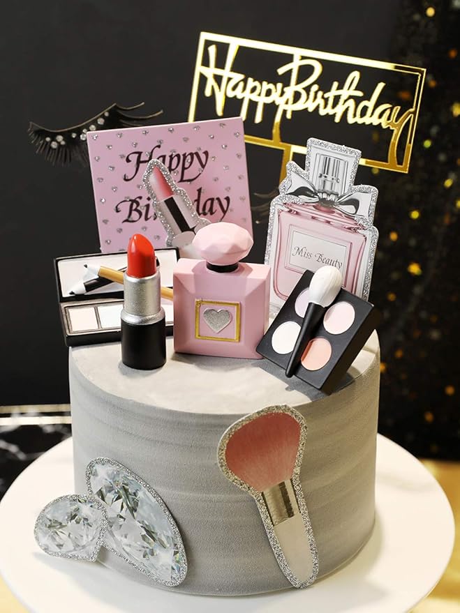 MEMOVAN Makeup Cake Topper 4 Pack, Resin Cosmetics Lipstick Perfume Bottle Eye Shadow Blush Make up Cake Decorations for Bridal Shower Bachelorette Girl Women Spa Salon Themed Birthday Party Supplies
