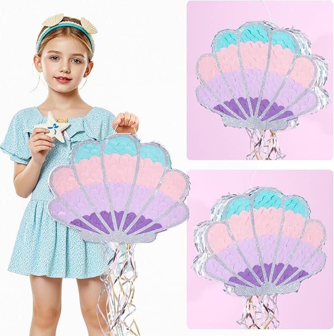 Wernnsai Mermaid Seashell Piñata - Pink Shellfish Piñatas for Kids Girls Birthday Mermaid Princess Party Decorations Under The Sea Ocean Theme Party Games With Bat Blindfold 16“ x 12.5" x 3"