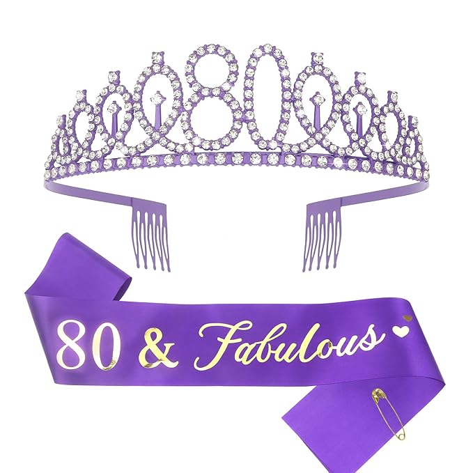 CIEHER 80th Birthday Crown + Sash, Purple 80th Birthday Decorations for Women, Fabulous Party Supplies