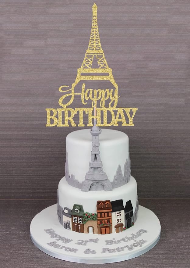 Eiffel Rower Birthday Cake Topper - Gold Glitter Eiffel Rower Theme Birthday Party Cake Decoration Supply - Boy or Girl Architecture Theme Party Cake Decor Photo Prop