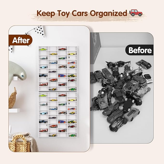 2 Pack Toy Car Display Shelf, Holds 80 Diecast 1/64 Toy Cars, Wall Mount Model Car Storage Organize Case, White