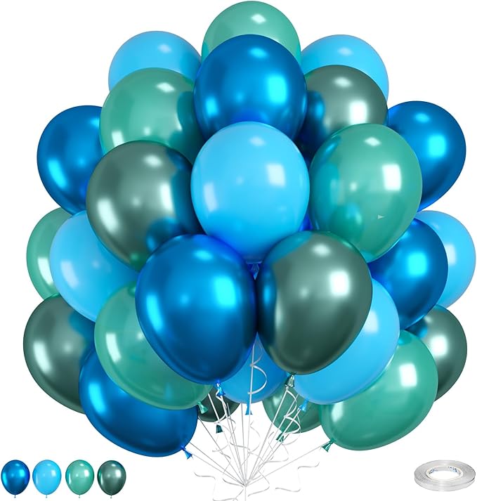 Blue and Green Balloons, Blue and Green Birthday Decorations, 12 Inch Light Blue Teal Metallic Metallic Blue Latex Balloons for Birthday Wedding Baby shower Party Decorations