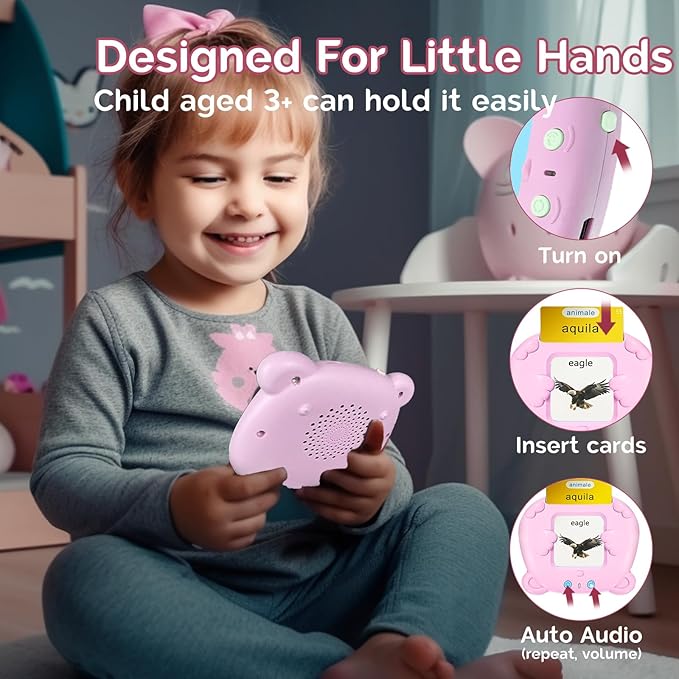 Bilingual English Italian Flash Cards - Talking Flash Cards for Kids, Pocket Speech for Toddlers 3-12, Educational Learning Audible Gift Play Cards Italian, Autism Sensory Toys (Pink)