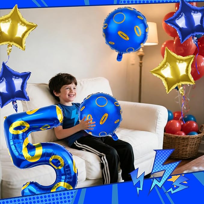 40 Inch Blue and Golden Ring Themed Number Balloon, Number Block Foil Number 5 Balloons Large Big Numbers Helium Balloon for Girls Boys 5th Birthday Theme Party Decorations (Number 5)