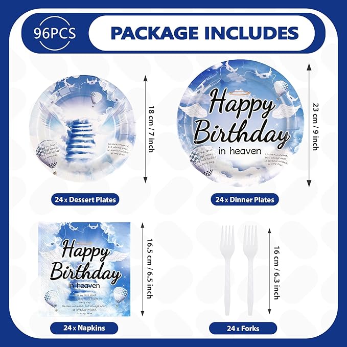 96 Pcs Happy Birthday in Heaven Party Supplies Funeral Remembrance Plates and Napkins Disposable Funeral Memorial Tableware Set for Condolence Birthday Anniversary Party Decorations Serves 24