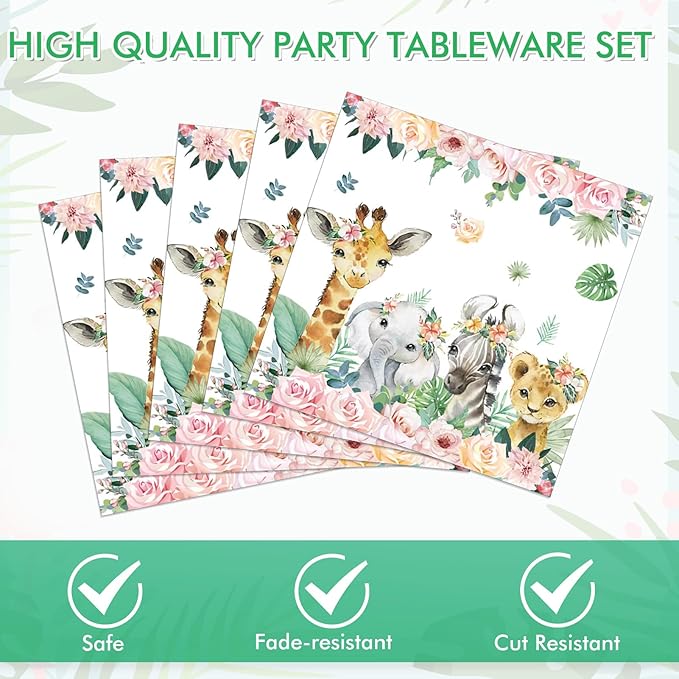 40 Pack Floral Jungle Animal Baby Shower Napkins - 6.5x6.5 Inches Watercolor Pink Jungle Animal Paper Napkins for Jungle Animal Birthday Decorations & Girl Safari Party Supplies