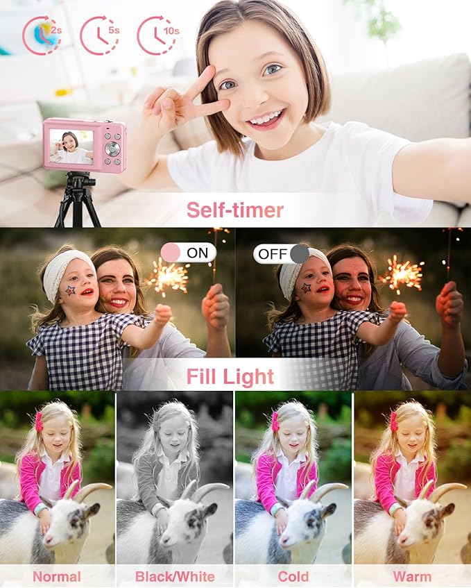 Digital Camera, FHD 1080P Point and Shoot Kids Camera, with 32GB Card, 2 Batteries, 16X Zoom Anti Shake Date Stamp, Compact Portable Small, for Starter Kid Children Teen Student Girl Boy(Pink)
