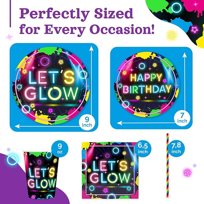 Glow Neon Birthday Party Supplies, 120Pcs Let's Glow Birthday Party Decorations Disposable and Radiant Tableware Includes Plates, Napkins, Cups and Straws | Serves 24