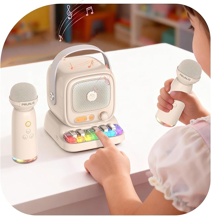 Mini Karaoke Machine with Colorful 7 Piano Keys,Top Christmas Birthday Gifts for 3 4 5 6 7 8 9 10 11 12+ Years Old, Portable Bluetooth Speaker with Wireless Microphone,Boys and Girls Gift-Beige