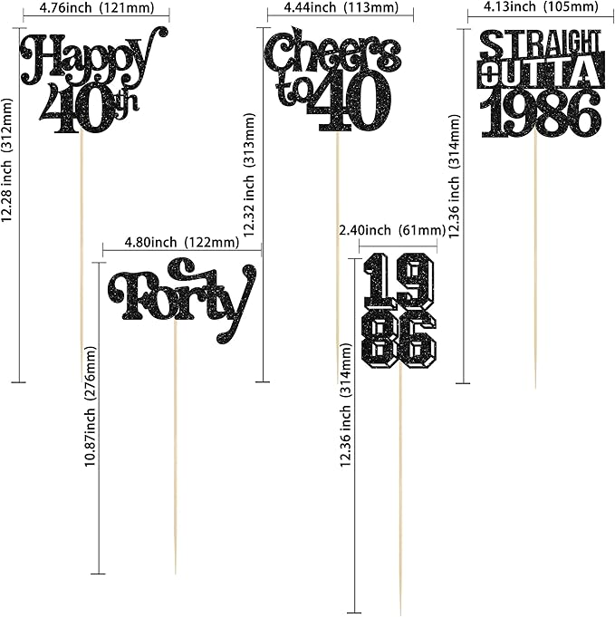 Gyufise 15Pcs Happy 40th Birthday Centerpiece Sticks Forty Straight Outta 1986 Table Flower Centerpieces Sticks Cheers to 40 Decorations for 40th Birthday Party Supplies Black