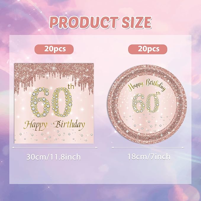 40 PCS 60th Birthday Decorations for Women Rose Gold Party Supplies Include 60th Birthday Plates and Napkins Rose Gold 1966 Birthday Decorations Disposable Tableware Set for Girl Ladies Women