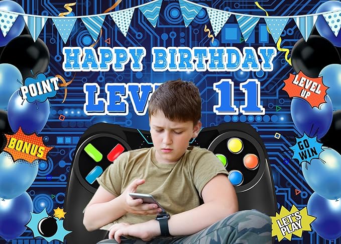 Game Theme Level 11 Birthday Backdrop Video Game Happy 11th Birthday Party Decorations Level Up Theme Boys Kids Birthday Party Supplies(7×5FT)