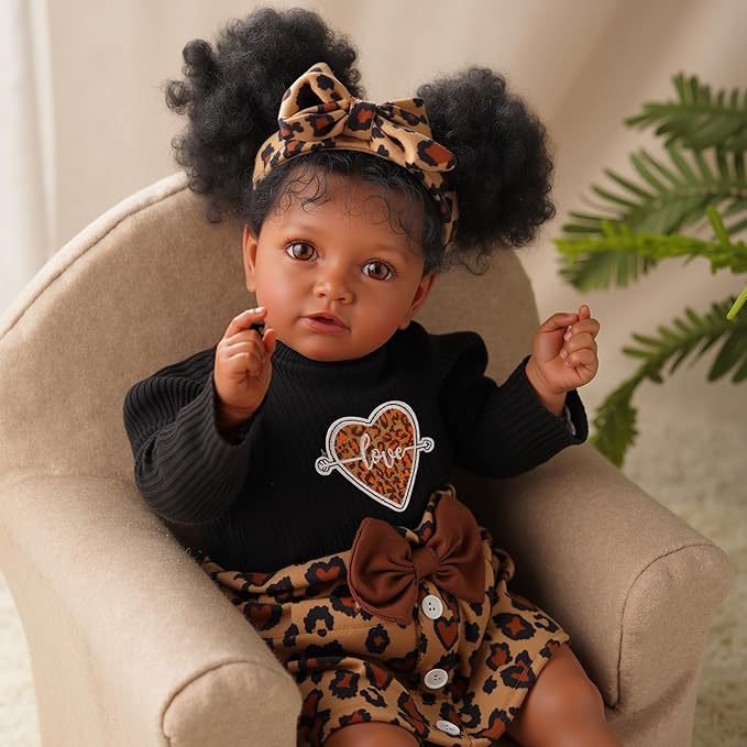 BABESIDE 5-Piece Reborn Baby Doll Clothes Set Fits 17-22 Inch Dolls with Leopard Dress, Headband, Coat, Baby Doll Reusable Diaper and Socks,Pretend Play Gift for Girls Kids Birthday Christmas